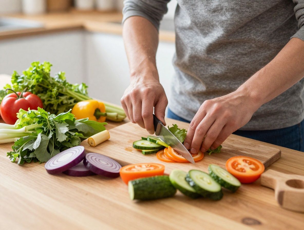 Persona preparando una comida saludable en una cocina luminosa, cortando verduras frescas coloridas sobre una tabla de madera, con ingredientes naturales organizados alrededor, atmósfera hogareña y cálida