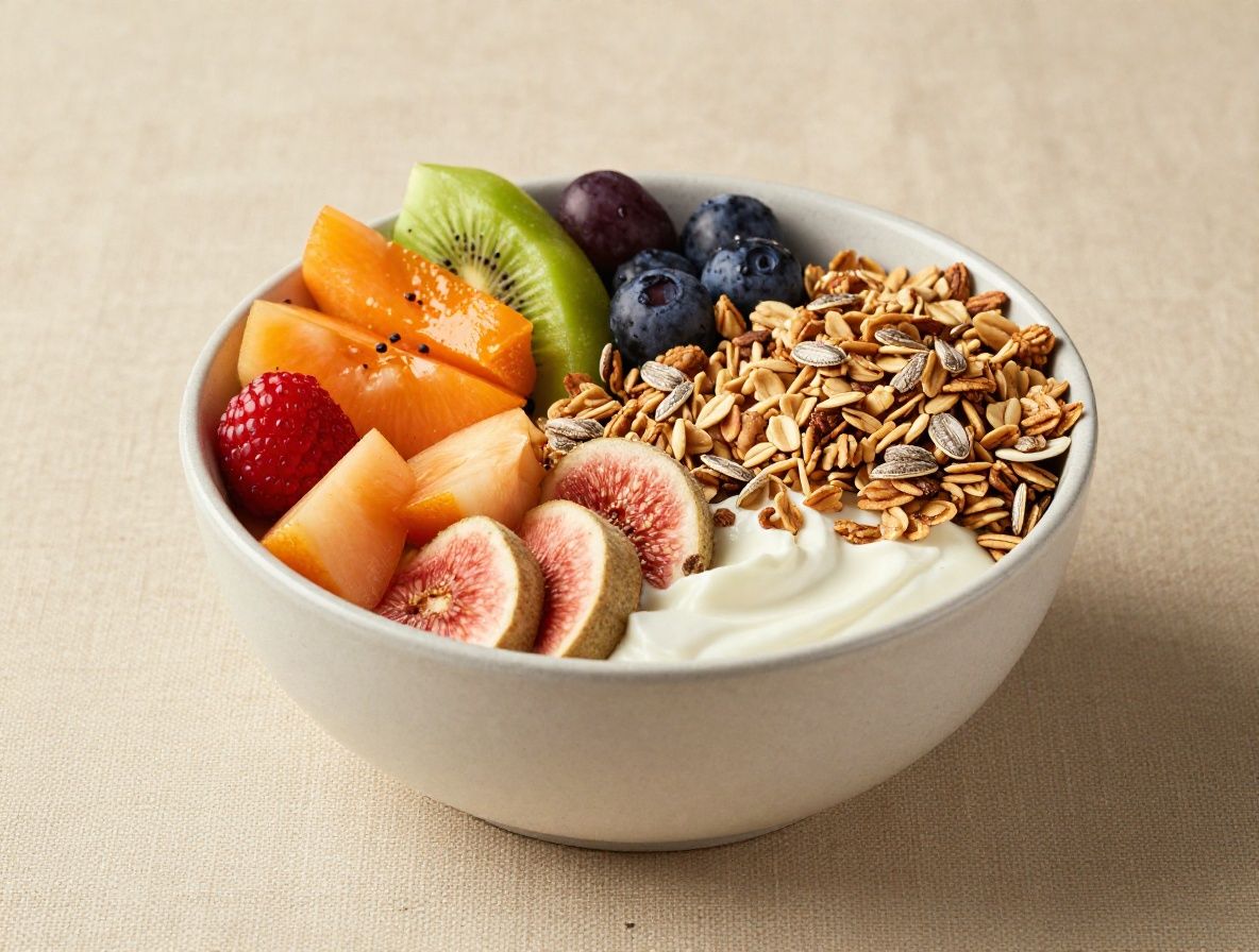 Tazón de desayuno saludable con granola, frutas frescas de colores, semillas y yogur blanco, presentado sobre una superficie de lino natural con luz natural lateral