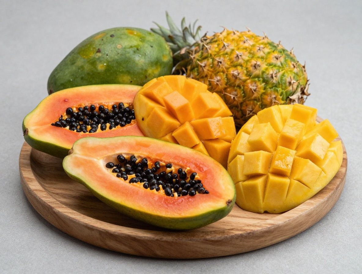 Variedad de frutas tropicales frescas cortadas sobre una tabla de madera — papaya, maracuyá, mango y piña con tonos cálidos y vibrantes, fondo neutro claro